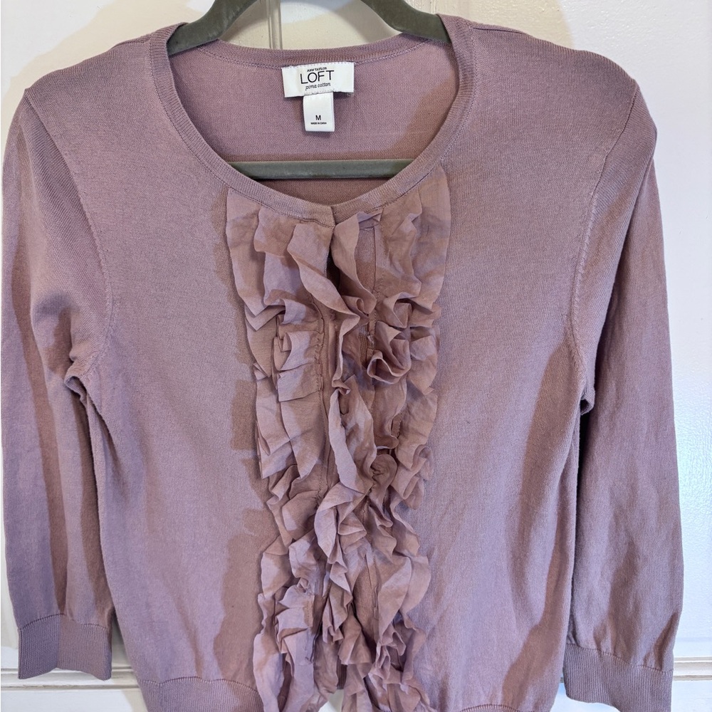 LOFT Lavender Knit Cardigan Snap Down Ruffle Front - Picture 9 of 9